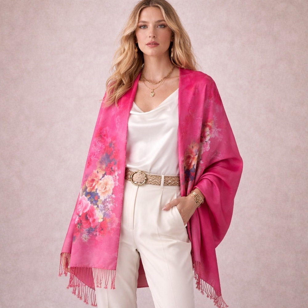 100% Mulberry Silk Double-Layer Floral Shawl Fuchsia Rose - Picture 2 of 6